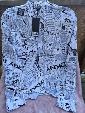 DKNY White and Black Newspaper Print Button-Up Shirt